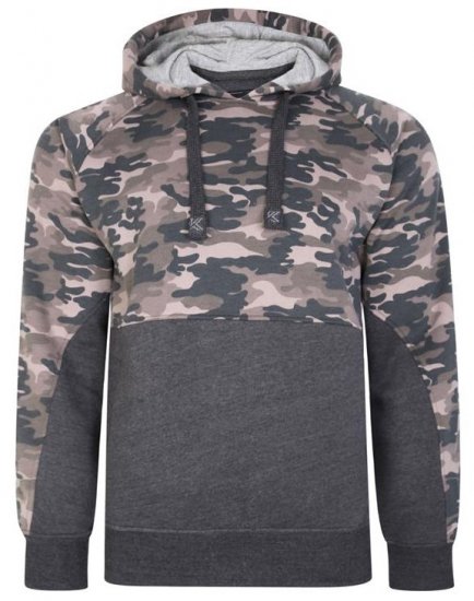 Kam Jeans 7036B Camo Pannelled Over The Head Hoody Charcoal - φούτερ/Φούτερ με κουκούλα - φούτερ/Φούτερ με κουκούλα ανδρικά μεγάλα μεγέθη 