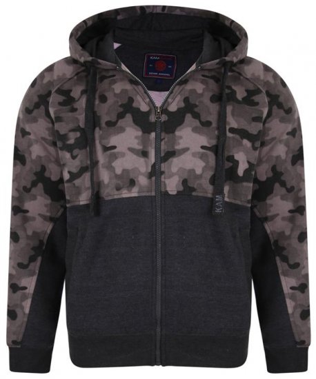 Kam Jeans 7036 Camo Print Full Zipper Hoodie Charcoal - φούτερ/Φούτερ με κουκούλα - φούτερ/Φούτερ με κουκούλα ανδρικά μεγάλα μεγέθη 