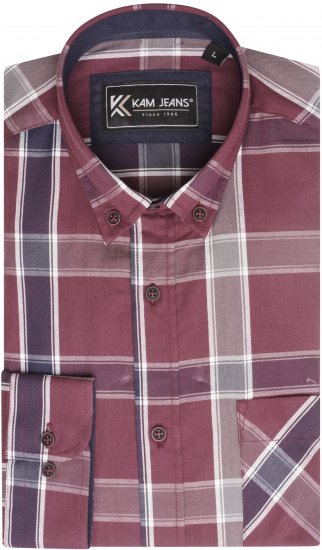 Kam Jeans P038 LS Premium Cotton Check Shirt Wine - Πουκάμισα - Aνδρικά πουκαμισα μεγαλα μεγάλα μεγέθη
