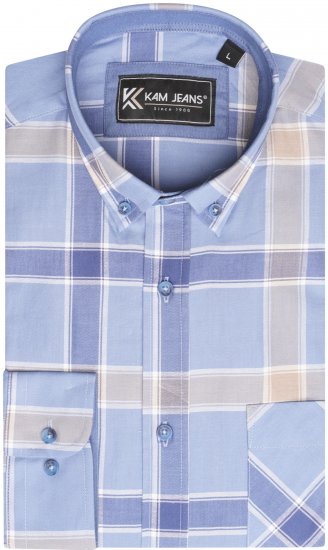 Kam Jeans P038 LS Premium Cotton Check Shirt Denim - Πουκάμισα - Aνδρικά πουκαμισα μεγαλα μεγάλα μεγέθη