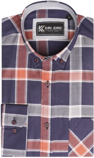 Kam Jeans P038 LS Premium Cotton Check Shirt Navy - Πουκάμισα - Aνδρικά πουκαμισα μεγαλα μεγάλα μεγέθη