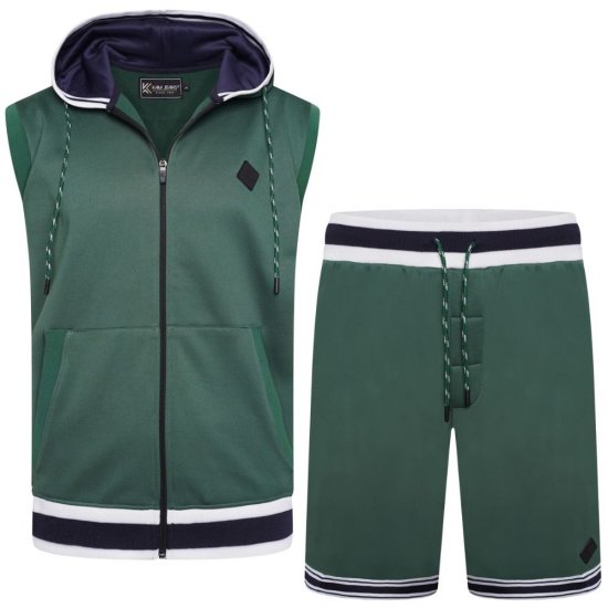 Kam Jeans TS005 Retro Tracky Set (Shorts/Sleeveless Hoodie) Racing Green - Όλα τα ρούχα - Pούχα aνδρικά μεγάλα μεγέθη 2XL-14XL