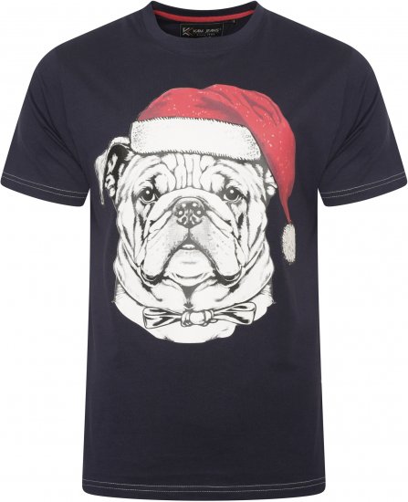 Kam Jeans X027 Bulldog Santa Xmas Print T-Shirt Navy - Μακό μπλουζάκια - Aνδρικά μπλουζεσ μεγάλα μεγέθη
