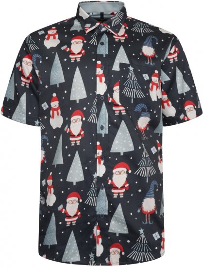 Kam Jeans X033 Santa Xmas Print Short Sleeve Shirt Navy - Πουκάμισα - Aνδρικά πουκαμισα μεγαλα μεγάλα μεγέθη