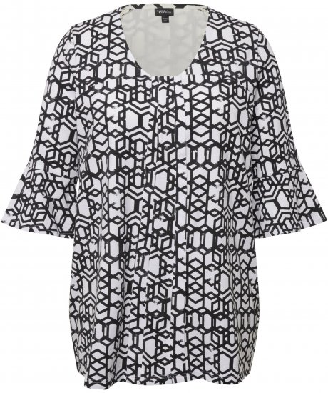 Ulla Popken Geometric Print Trumpet Sleeve Tee Black - Τυπωμένα T-shirts για γυναίκες - 