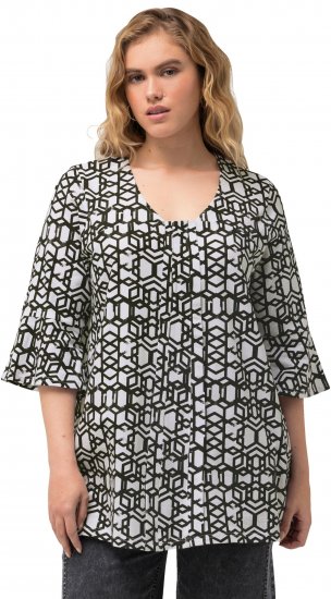 Ulla Popken Geometric Print Trumpet Sleeve Tee Black - Τυπωμένα T-shirts για γυναίκες - 