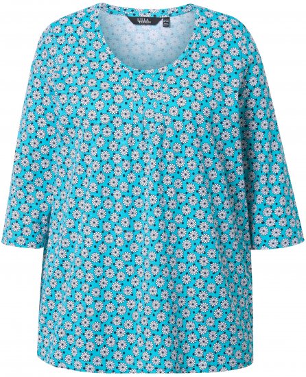 Ulla Popken Flower Print 3/4 Sleeve A-Line Tee Deep Aqua - Τυπωμένα T-shirts για γυναίκες - 