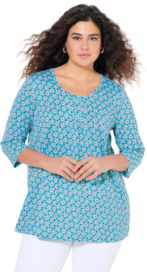 Ulla Popken Flower Print 3/4 Sleeve A-Line Tee Deep Aqua - Τυπωμένα T-shirts για γυναίκες - 