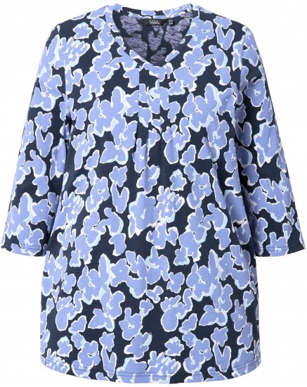 Ulla Popken Floral Print 3/4 Sleeve V-Neck Tee Navy Blue - Τυπωμένα T-shirts για γυναίκες - 