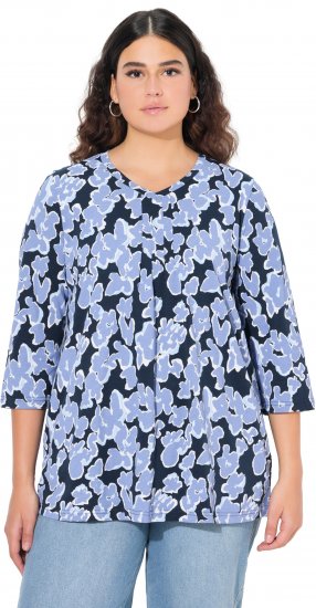 Ulla Popken Floral Print 3/4 Sleeve V-Neck Tee Navy Blue - Τυπωμένα T-shirts για γυναίκες - 