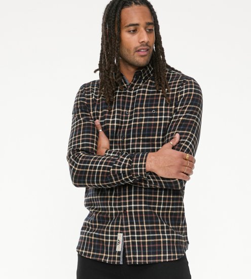 D555 Destin Checked Long Sleeve Shirt Black/Tan Check - Πουκάμισα με μακριά μανίκια - 