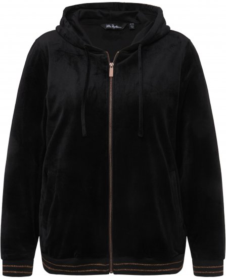 Ulla Popken Tulip Line Print Velour Zip Hoodie Black - φούτερ/Φούτερ με κουκούλα - 