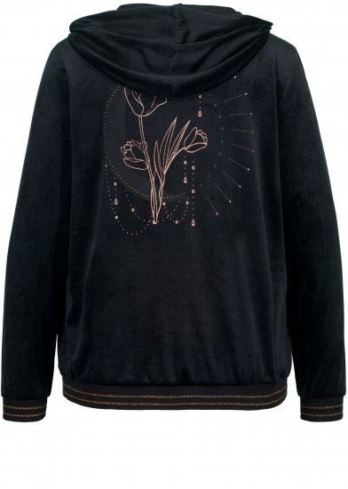 Ulla Popken Tulip Line Print Velour Zip Hoodie Black - φούτερ/Φούτερ με κουκούλα - 