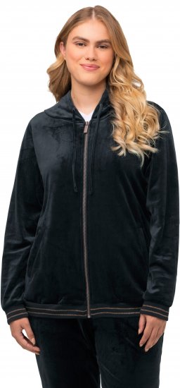 Ulla Popken Tulip Line Print Velour Zip Hoodie Black - φούτερ/Φούτερ με κουκούλα - 