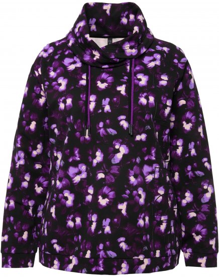 Ulla Popken Floral Print Drawstring Collar Hoodie Black - φούτερ/Φούτερ με κουκούλα - 