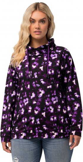 Ulla Popken Floral Print Drawstring Collar Hoodie Black - φούτερ/Φούτερ με κουκούλα - 
