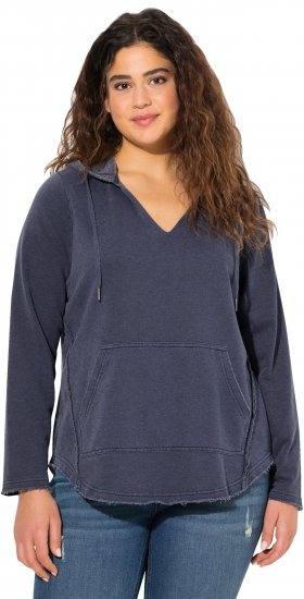 Ulla Popken Open Edged Long Sleeve V-Neck Hoodie Navy - φούτερ/Φούτερ με κουκούλα - 