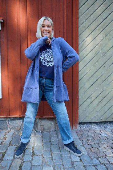 Ulla Popken Tiered Flounce Panel Zip Up Hoodie Atlantic Blue - φούτερ/Φούτερ με κουκούλα - 