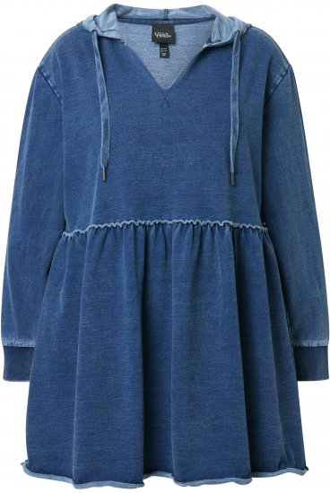 Ulla Popken Indigo Dyed Flounce Panel Hoodie Blue - φούτερ/Φούτερ με κουκούλα - 