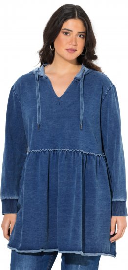 Ulla Popken Indigo Dyed Flounce Panel Hoodie Blue - φούτερ/Φούτερ με κουκούλα - 