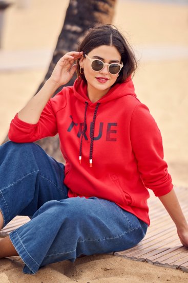 Ulla Popken TRUE Lettering Hoodie Neon Red - φούτερ/Φούτερ με κουκούλα - 