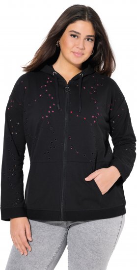 Ulla Popken Eyelet Embroidered Zip-Up Hoodie Black - φούτερ/Φούτερ με κουκούλα - 