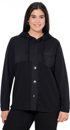 Ulla Popken Mixed Texture Button Down Hoodie Black - φούτερ/Φούτερ με κουκούλα - 