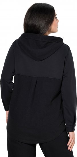 Ulla Popken Mixed Texture Button Down Hoodie Black - φούτερ/Φούτερ με κουκούλα - 