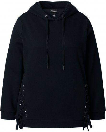 Ulla Popken Decorative Lace-Up Hoodie Black - φούτερ/Φούτερ με κουκούλα - 
