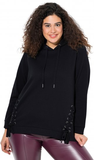Ulla Popken Decorative Lace-Up Hoodie Black - φούτερ/Φούτερ με κουκούλα - 