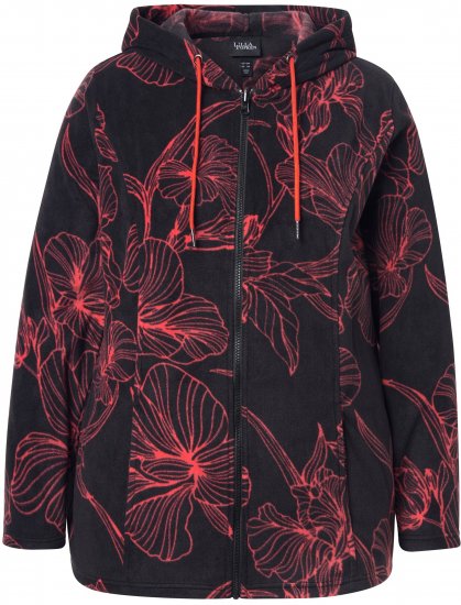 Ulla Popken Fleece Flower Print Zip-Up Hoodie Black - φούτερ/Φούτερ με κουκούλα - 