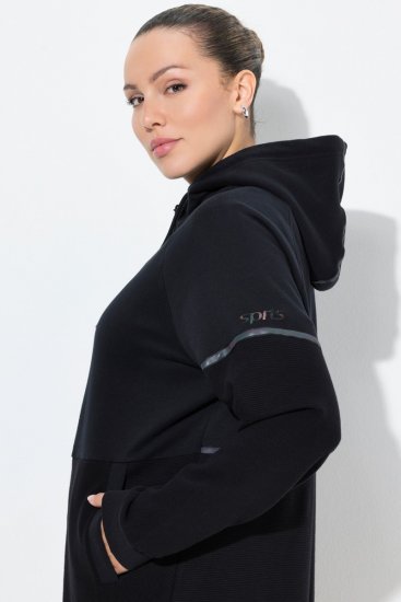 Ulla Popken Mix Fabric Reflective Trim Zip Hoodie Black - φούτερ/Φούτερ με κουκούλα - Ζεστά Φούτερ, Hoodies & Πλεκτά