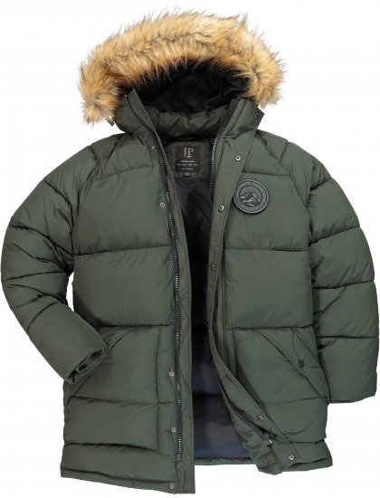 JP1880 Quilted Parka Lightweight and Warm with Faux Fur Hood Dark Green - Μπουφάν - Aνδρικά μπουφαν μεγάλα μεγέθη