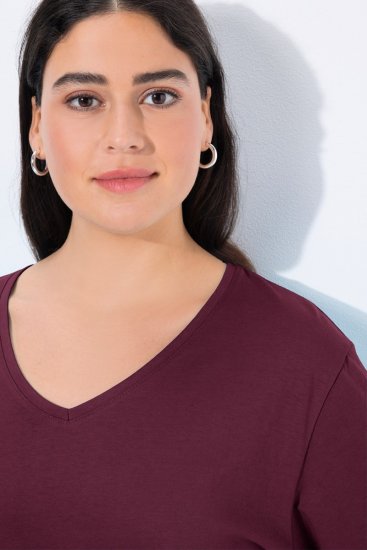 Ulla Popken Back To Basics V-Neck Relaxed Fit Cotton Tee Dark Berry - Μπλουζάκια - Γυναικεία T-shirts