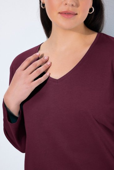 Ulla Popken Back To Basics V-Neck Relaxed Fit Cotton Tee Dark Berry - Μπλουζάκια - Γυναικεία T-shirts