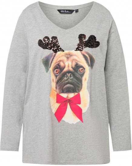 Ulla Popken Holiday Pup Sequin Accent A-line Fit Tee Light Grey Melange - Τυπωμένα T-shirts για γυναίκες - 