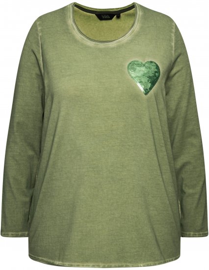 Ulla Popken Cold Dyed Sequined Heart Long Sleeve Tee Sage Green - Τυπωμένα T-shirts για γυναίκες - 