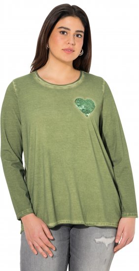 Ulla Popken Cold Dyed Sequined Heart Long Sleeve Tee Sage Green - Τυπωμένα T-shirts για γυναίκες - 