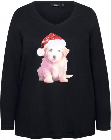 Ulla Popken Puppy Graphic Christmas Long Sleeve T-Shirt Black - Μπλουζάκια - 