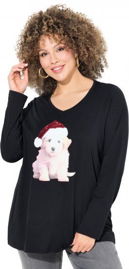 Ulla Popken Puppy Graphic Christmas Long Sleeve T-Shirt Black - Μπλουζάκια - 