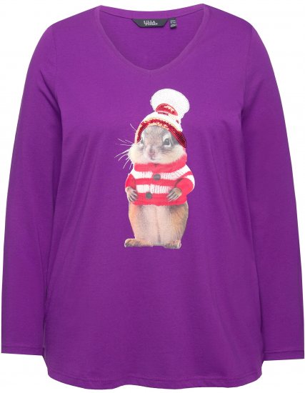 Ulla Popken Christmas Squirrel Long Sleeve Graphic Tee Dark Purple - Τυπωμένα T-shirts για γυναίκες - 