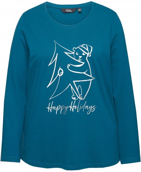Ulla Popken Metallic Graphic Holiday Tee Teal - Τυπωμένα T-shirts για γυναίκες - 