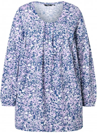 Ulla Popken Allover Printed Pleated Long Sleeve Tee Dark Blue - Τυπωμένα T-shirts για γυναίκες - 