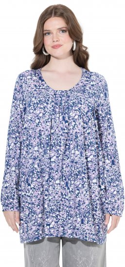 Ulla Popken Allover Printed Pleated Long Sleeve Tee Dark Blue - Τυπωμένα T-shirts για γυναίκες - 