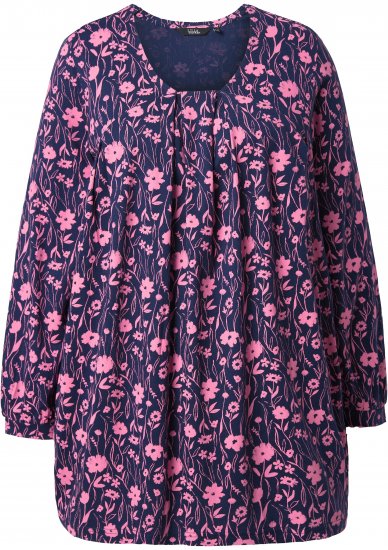 Ulla Popken Pleated Long Sleeve Floral Knit Tunic Ink Blue - Τυπωμένα T-shirts για γυναίκες - 