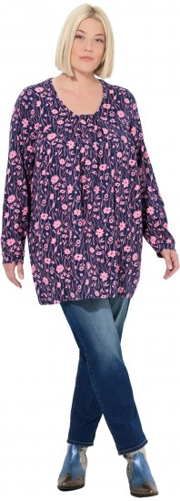 Ulla Popken Pleated Long Sleeve Floral Knit Tunic Ink Blue - Τυπωμένα T-shirts για γυναίκες - 