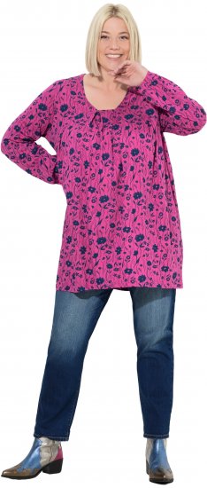 Ulla Popken Pleated Long Sleeve Floral Knit Tunic Summer Berry - Τυπωμένα T-shirts για γυναίκες - 