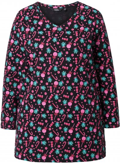 Ulla Popken Peppermint Tree V-Neck Holiday Cotton Long Sleeve Knit Tunic Black - Τυπωμένα T-shirts για γυναίκες - 