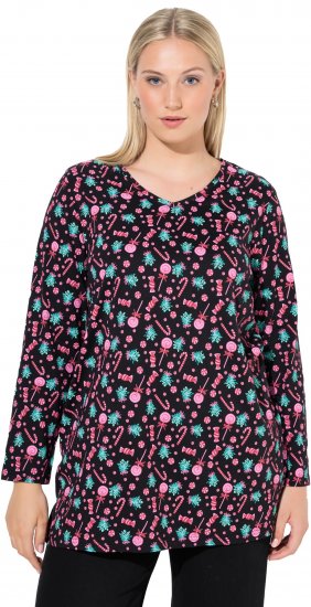 Ulla Popken Peppermint Tree V-Neck Holiday Cotton Long Sleeve Knit Tunic Black - Τυπωμένα T-shirts για γυναίκες - 