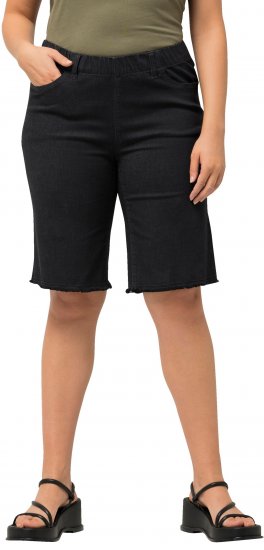 Ulla Popken Frayed Hemline Elastic Waistband Bermuda Shorts Black - Τζιν & Παντελόνια για Γυναίκες σε Μεγάλες Μεγέθη – Plus Size - 